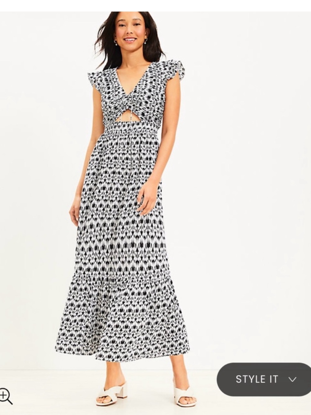 LOFT Black & White Patterned Flutter Sleeve Beach Collection Maxi Dress XXS NWT